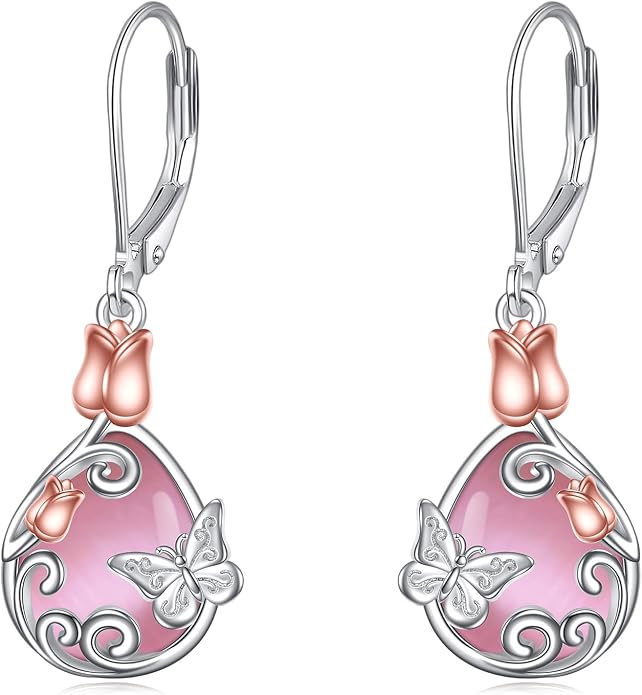 AOBOCO Teardrop Dangle Earrings for Women 925 Sterling Silver Moonstone Flower Filigree Leverback Jewelry Birthday
