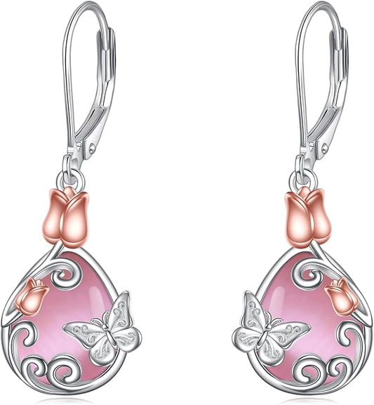 AOBOCO Teardrop Dangle Earrings for Women 925 Sterling Silver Moonstone Flower Filigree Leverback Jewelry Birthday