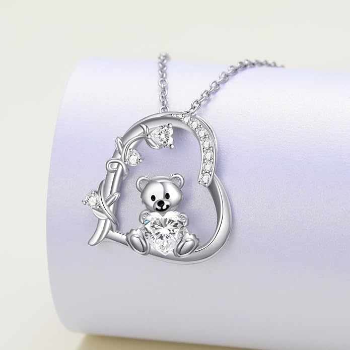 PELOVNY Teddy Bear Necklace for Women 925 Sterling Silver Bear/Highland Cow/Fox/Cat/Axolotl Birthstone Necklace Christmas Birthday Jewelry Gifts for Mom Daughter Wife Sister