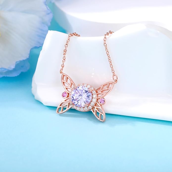 925 Sterling Silver Butterfly/Crescent/Witches Knot/Fleur-De-Lis/Thorny Crown Pendant Necklace Gold Plated Gemstone Birthday Gift for Wife Girlfriend Mom Daughter