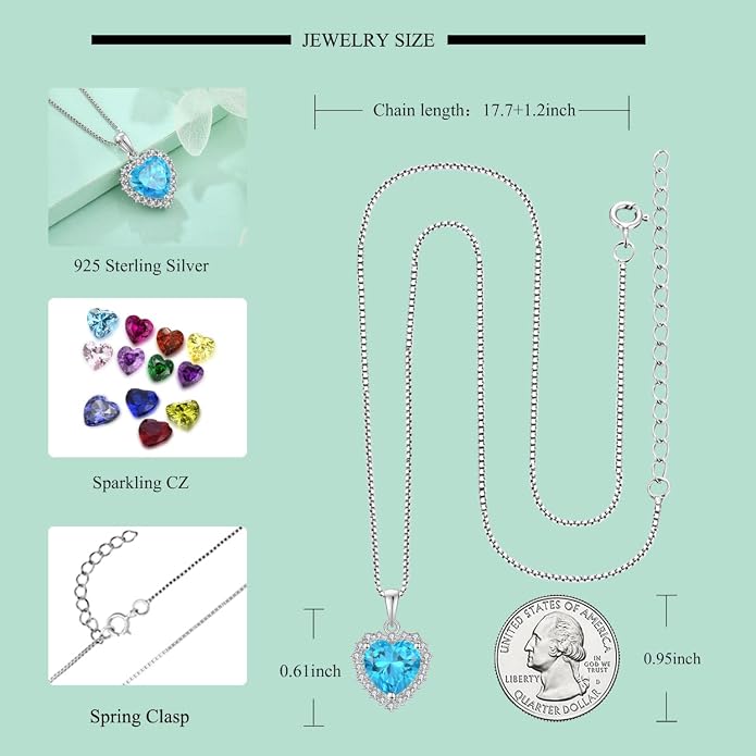 STARCHENIE 925 Sterling Silver Heart Birthstone Pendant Necklace for Women | Genuine 925 silver pendant, heart birthstone, love heart design, 925 silver 18+2" adjustable chain