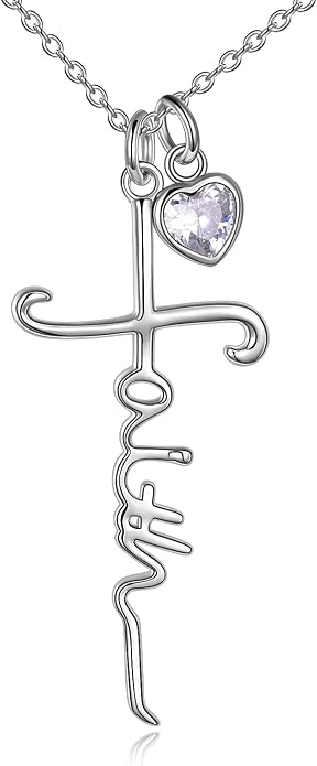 Faith Cross Necklace For Women Birthstone Sterling Silver with Simulated Birthstone Cross Jewelry Christian Gifts