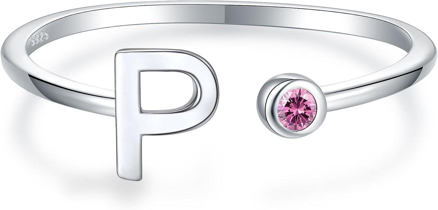 925 Sterling Silver Initial Letter Birthstone Rings for Women Adjustable 1-12 Month Birthstone Alphabet Stacking Ring for Teens Girls Stackable Birthstone Rings Birthday Jewelry Gift for Daughter Mom