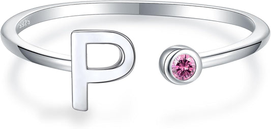 925 Sterling Silver Initial Letter Birthstone Rings for Women Adjustable 1-12 Month Birthstone Alphabet Stacking Ring for Teens Girls Stackable Birthstone Rings Birthday Jewelry Gift for Daughter Mom