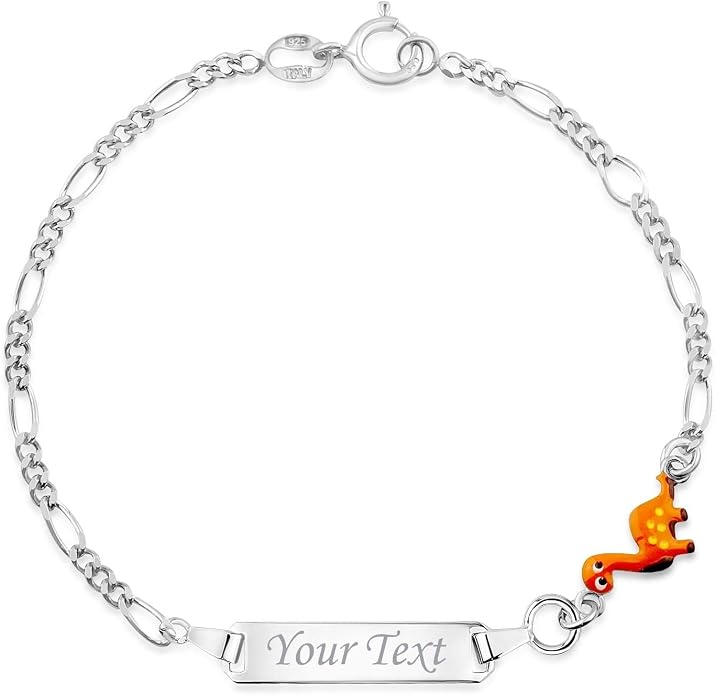 UNICORNJ 925 Italy Sterling Silver Child or Baby Name Bracelet Girls Boys, Personalized Engraved Kids ID Bracelets, 6.5" Figaro Chain, Enamel Charm Newborn Infant Toddler Kid Jewelry