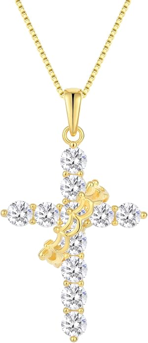 Rotated Crown Cross Necklaces for Women, 925 Sterling Silver Round Cut Zircon Neckalce Pendant With Ring Birthstones Jewelry for Her