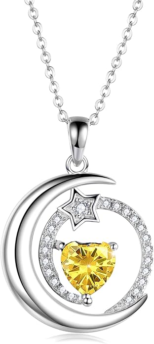 S925 Sterling Silver Birthstone Pendant Necklace Moon Star Necklace Jewelry Gift for Women Anniversary Valentine's day