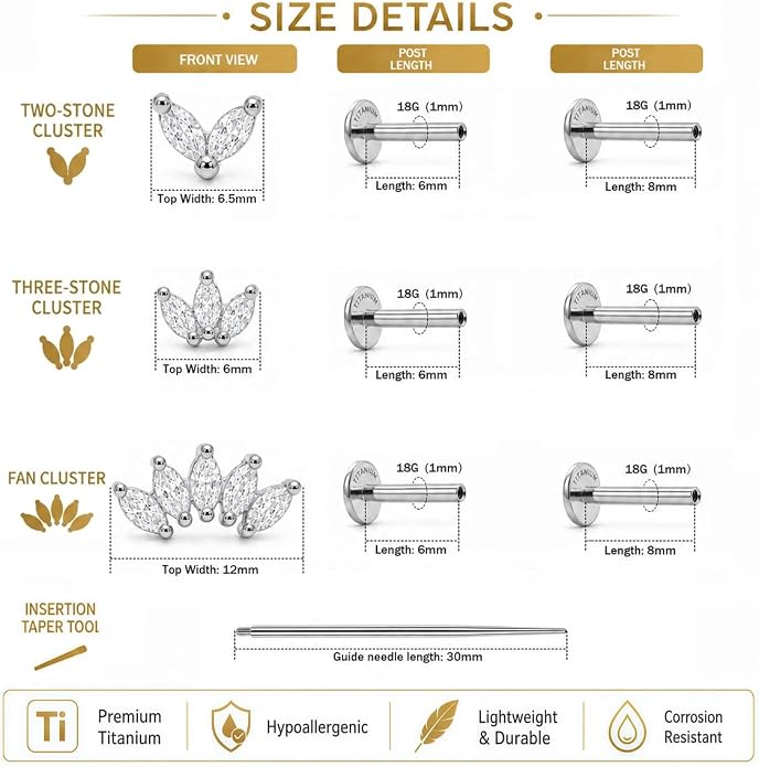 YACHY G23 Titanium Flat Back Stud Earrings, Internally Threaded Screw-On Hypoallergenic Body Piercing Jewelry for Everyday Wear, Tragus Helix Conch Monroe Medusa Lip, 18G 6mm 8mm