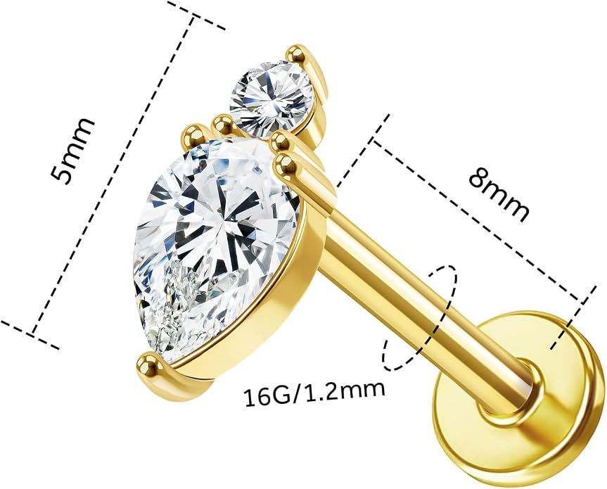 14K Yellow/White Gold Cartilage Earring Stud 1 Pcs, 6mm 8mm 16G Threadless Flat Back Earrings, Push in Tragus Earrings Threadless Labret Stud