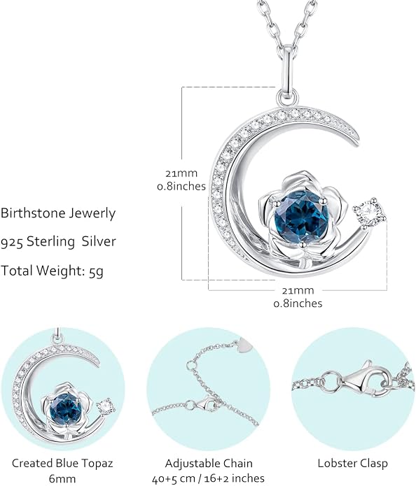 Birthstone Necklace for Women Sterling Silver Moon Pendant Necklaces Anniversary Birthday Fine Jewelry Gifts for Her Women Mother, Adjustable Chain