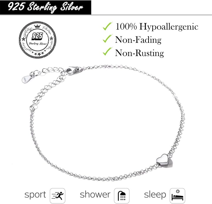 ChicSilver Personalized 925 Sterling Silver Tiny Heart/Moon/Star/Sun/Dot/Triangle Anklets Simple Dainty Foot Jewelry for Women, Silver/Gold Plated/Rose Gold Plated