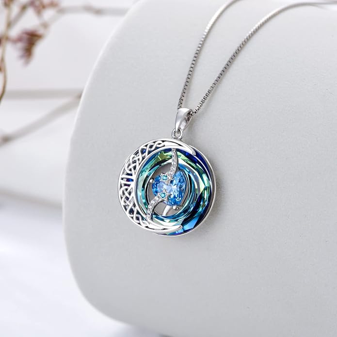 TOUPOP Birthstone Necklace 925 Sterling Silver Moon and Star Pendant Celtic Moon Jewelry with Blue Crystal Anniversary Birthday Gifts for Women Mom Wife Her