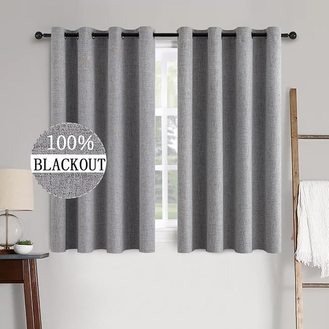 MIULEE Linen Texture Curtains for Bedroom Solid 100% Blackout Thermal Insulated Grey Curtains Grommet Room Darkening Drapes Luxury Decor for Living Room 52x54 Inch (2 Panels)