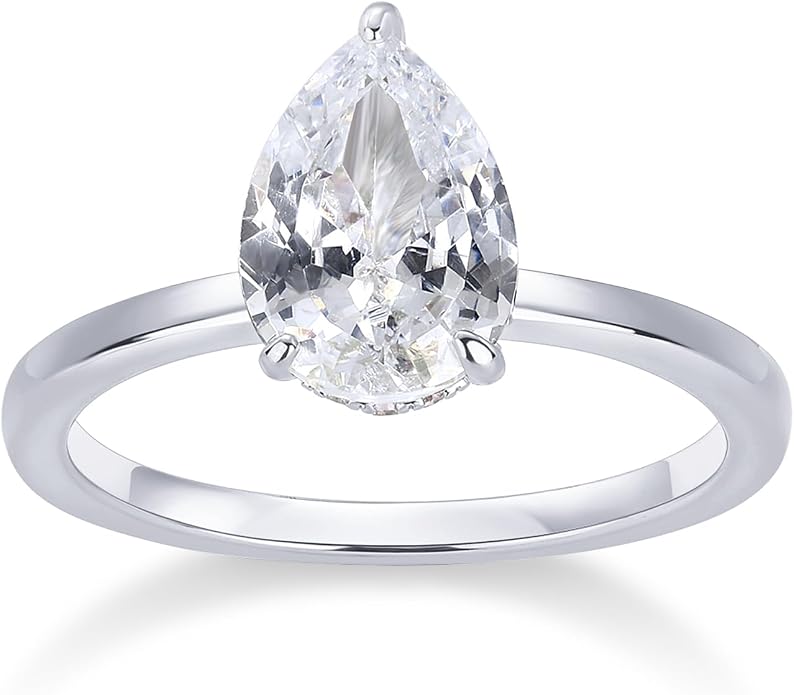 PAVOI 14K Gold Plated Simple 2.5CT Pear Cubic Zirconia Hidden Halo Eternity Ring Bridal Wedding Promise Statement - Engagement Ring for Women
