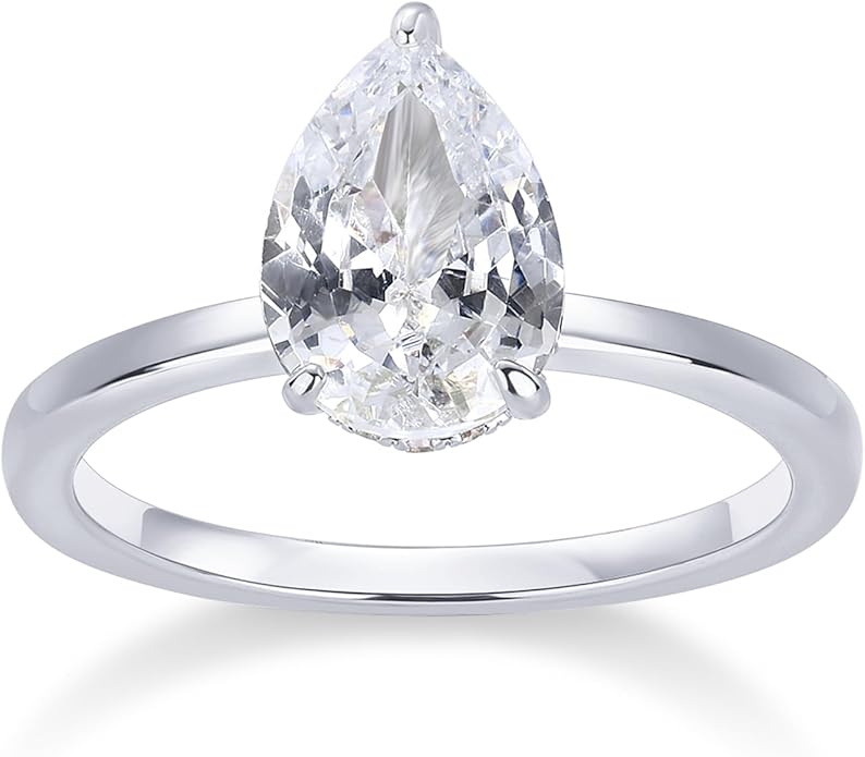 PAVOI 14K Gold Plated Simple 2.5CT Pear Cubic Zirconia Hidden Halo Eternity Ring Bridal Wedding Promise Statement - Engagement Ring for Women