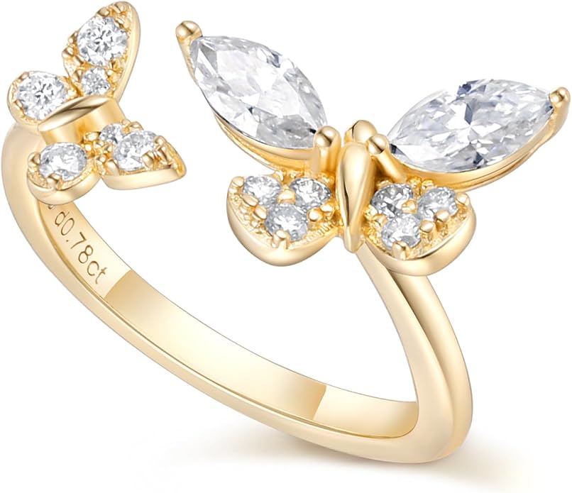 Moissanite Flower/Butterfly/Star Pretty Open Ring for Women, Adjustable Ring, Solid 925 Sterling Silver with Gold Plated, Stackable Ring, Birthday Valentines Anniversary Mothers Day Ideal Gift for Her