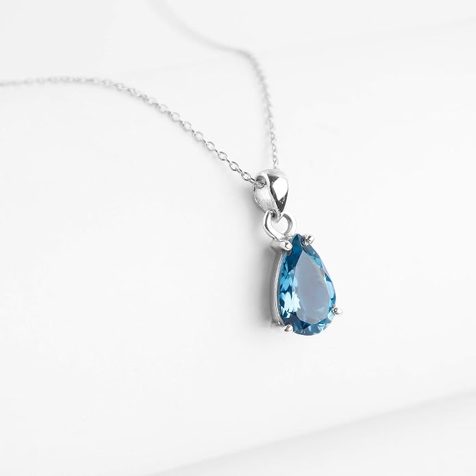 InfinityGemsArt London Blue Topaz Necklace for Women, Natural December Birthstone, Prong Set Gemstone, Dainty Handmade 925 Sterling Silver Necklace 18 Inch Chain, Minimalist Jewelry for Her - Mom