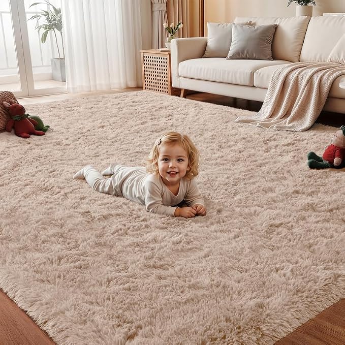Area Rug for Living Room Bedroom: 4x6 Soft Fluffy Shag Rugs Upgrade Non-Slip High Pile Carpet Large Fuzzy Plush Indoor Floor Shaggy Carpets for Nursery Kid Playroom Office Dorms Home Decor Beige
