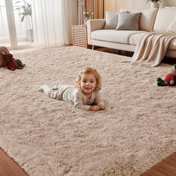 Area Rug for Living Room Bedroom: 6x9 Soft Fluffy Shag Rugs Upgrade Non-Slip High Pile Carpet Large Fuzzy Plush Indoor Floor Shaggy Carpets for Nursery Kid Playroom Office Dorms Home Decor Beige