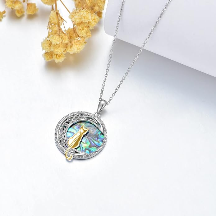 TOUPOP Cat Necklace Sterling Silver Abalone Shell Celtic Cat on the Moon with Abalone Shell Birthday Christmas Jewelry Gifts for Women
