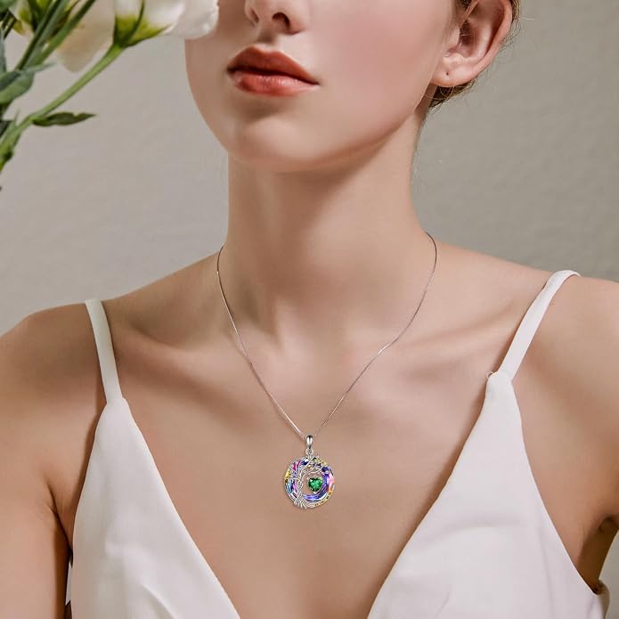 POPLYKE Mothers Day Gifts for Mom Her Wife Tree of Life Necklace 925 Sterling Silver Birthstone Pendant with Crystal Anniversary Birthday Wedding Jewelry for Women