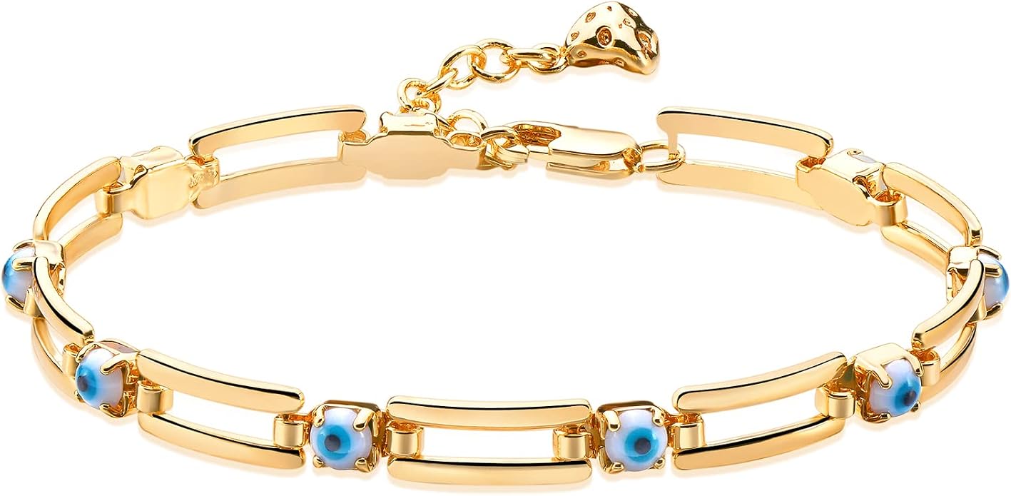 MTMY Evil Eye Bracelet for Women 14K Gold Plated Dainty Bracelets with Crystcal Adjustable Chain Cute Eye Bracelet Gold Jewelry for Her