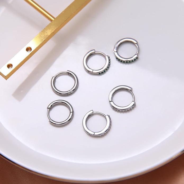 Stainless Steel Stud Earrings Set for Women Hypoallergenic Flat Back Cartilage Earrings Screw Back Huggie Hoop Earrings Multiple Piercing Cubic Zirconia Helix Tragus Jewelry
