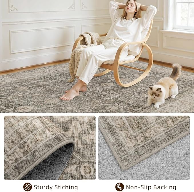 5x7 Area Rugs for Living Room: Vintage Boho Neutral Washable Rug Indoor Soft Large Area Rug Carpet for Bedroom Nursery Farmhouse Dining Room Office Floor Non-Slip Low Pile Under Table Rug Warm Taupe