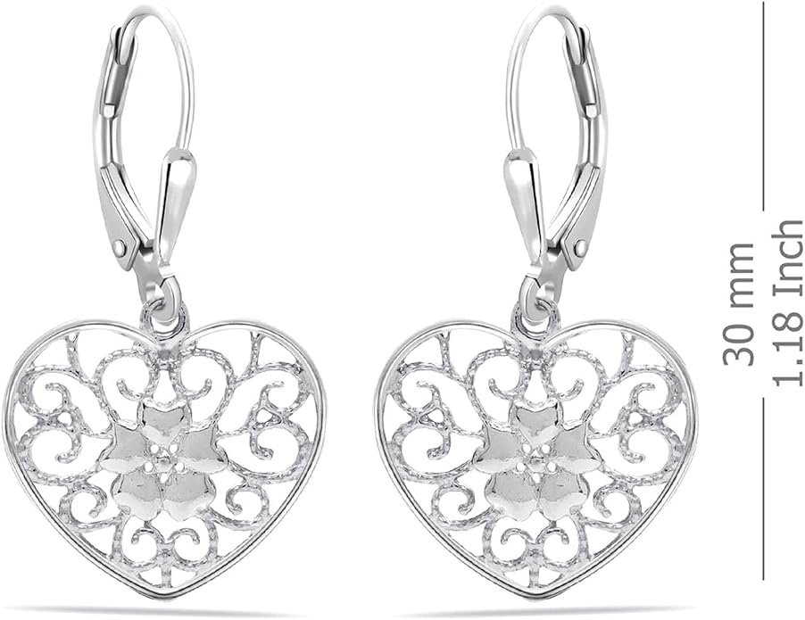 Charmsy 925 Sterling Silver Filigree Earrings for Women | Lightweight Diamond-Cut Openwork Leverback Dangle Earrings | Romantic Jewelry Gifts for Women