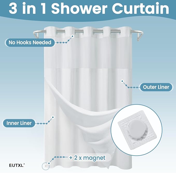 EUTXL Extra Thick 256GSM Waffle Weave Shower Curtain with Snap-in Liner, Heavy Duty Hotel Style Bath Curtain Set, Luxury Weighted Fabric, 71 x 74, White