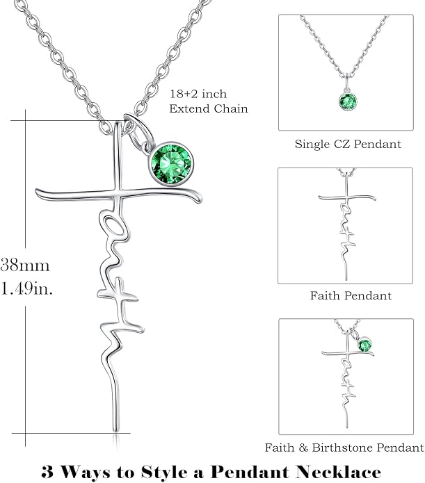 PRAYMOS Faith Cross Necklace for Women 925 Sterling Silver Pendant Necklace With Birthstone Initial Christian Religious Confirmation Baptism Mothers Day Gifts