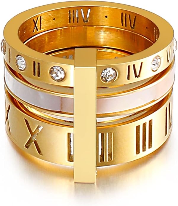 Stainless Steel CZ Zirconia Roman Numeral Ring For Women Stacking Thumb 3 in 1 Spinner Rings