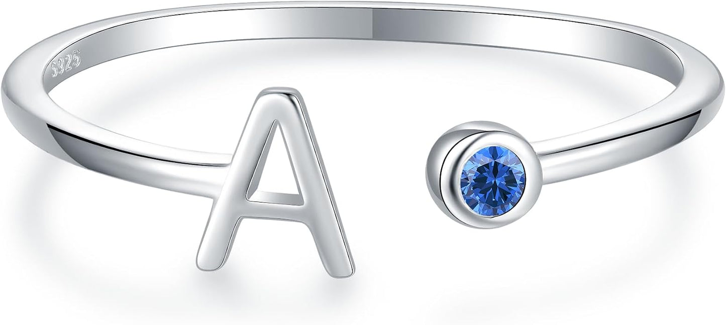 925 Sterling Silver Initial Letter Birthstone Rings for Women Adjustable 1-12 Month Birthstone Alphabet Stacking Ring for Teens Girls Stackable Birthstone Rings Birthday Jewelry Gift for Daughter Mom