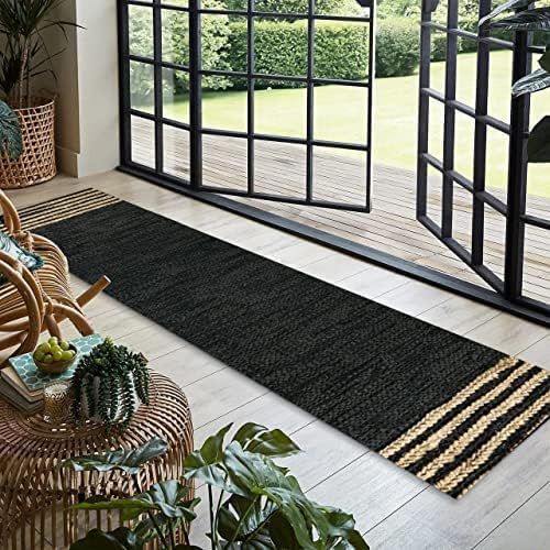 GRUHUM Jute Runner Rugs 2'6"x14' ft Natural Fiber Leather Black Jute Area Rug Handwoven Boho Farmhouse Braided Rustic Vintage Ecofriendly Indoor Rugs for Kitchen Living Room Bedroom Hallways Entryways
