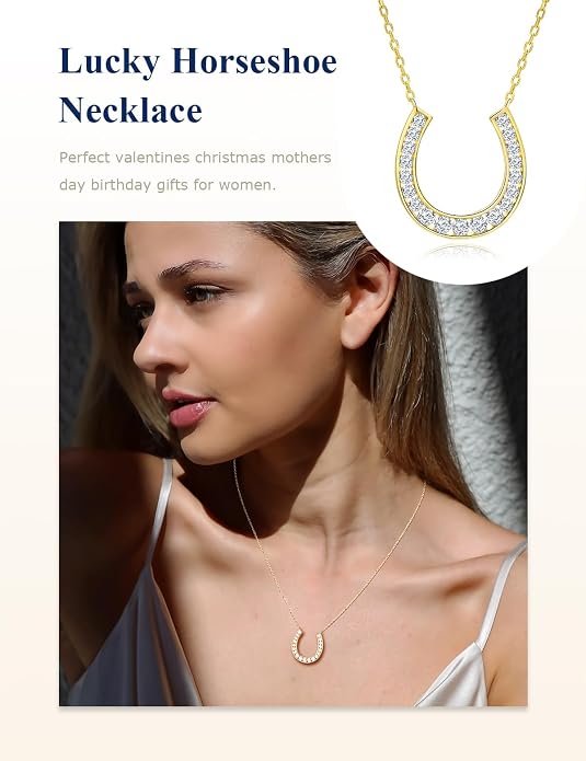 Luck Horseshoe Necklace 14K Gold Plated/Sterling Silver Created Gemstone Pendant with Chain Channel Set U Shaped Charm Necklace Birthstone Jewelry