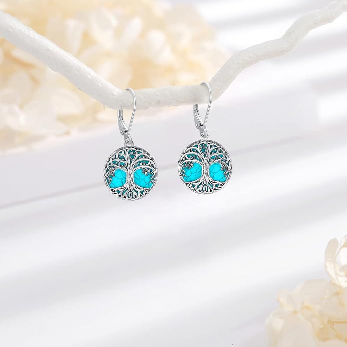 Tree of Life/Cat/Turtle/Butterfly/Flower/Celtic/Turquoise/Moonstone Dangle Earrings for Women Sterling Silver Cute Animals Drop Earrings Jewelry Gifts