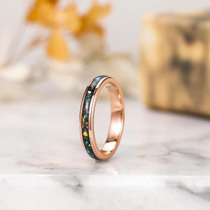 TRUMIUM 4mm 6mm Wedding Rings for Men Women Tungsten Carbide Galaxy Opal and Sandblast Inlay Multi-Colored Mens Wedding Band Beveled Edges Comfort Fit Size 5-13