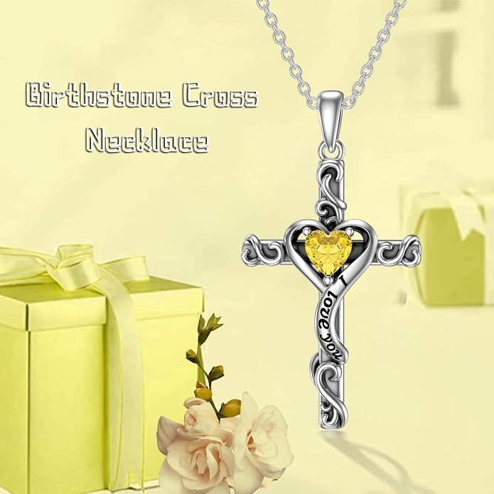 TOUPOP Cross Birthstone Necklace for Women 925 Sterling Silver Heart Cross Pendant I Love You Jewelry Anniversary Birthday Mothers Day Gifts for Mom Wife Her