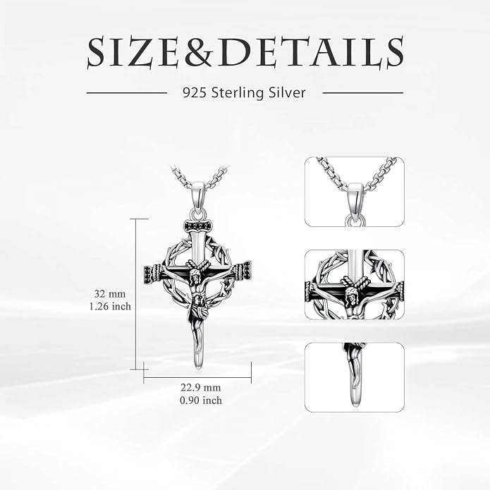 Crown of Thorns Necklace for Men 925 Sterling Silver Nail Cross Necklace Pendant Religious Christian Jewelry Valentines Day Gifts for Men