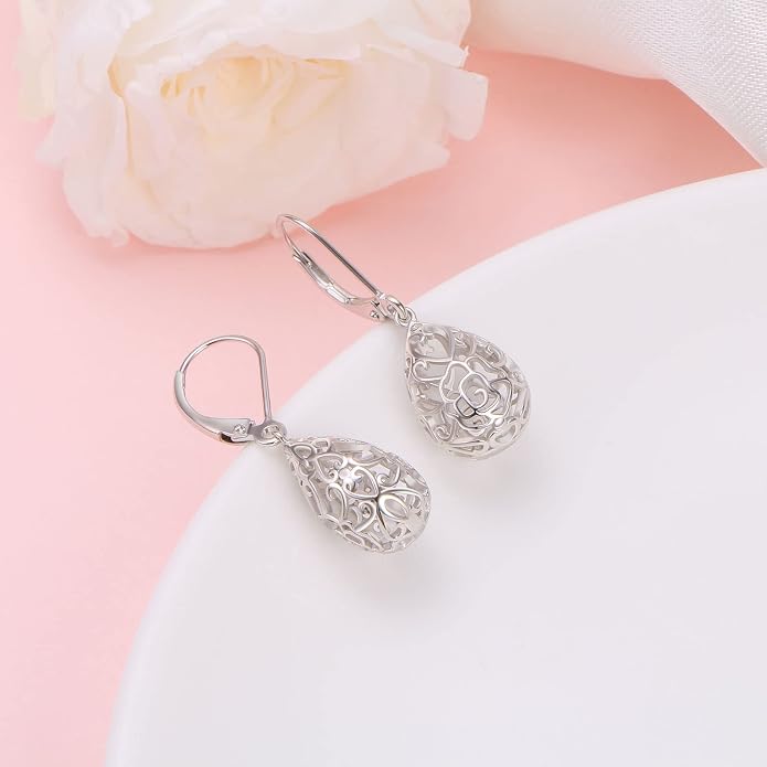 925 Sterling Silver Filigree Dangle Drop Earrings Daisy/Lotus/Rose Flower/Moonstone Leverback Teardrop Earrings for Women Infinity Celtic Knot Daisy Lotus Jewelry for Mothers Day
