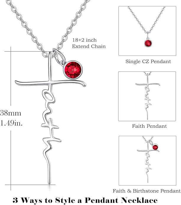 PRAYMOS Faith Cross Necklace for Women 925 Sterling Silver Pendant Necklace With Birthstone Initial Christian Religious Confirmation Baptism Mothers Day Gifts
