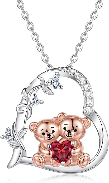 PELOVNY Teddy Bear Necklace for Women 925 Sterling Silver Bear/Highland Cow/Fox/Cat/Axolotl Birthstone Necklace Christmas Birthday Jewelry Gifts for Mom Daughter Wife Sister