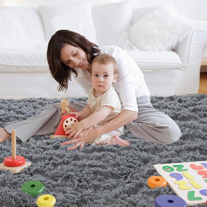 Fluffy Area Rug for Living Room 5x8 - Grey Soft Carpet | Cloud-Soft Comfort: Microfiber Memory Foam - Bare Feet Love The Sink-In Softness Your Whole Family Enjoys Every Day
