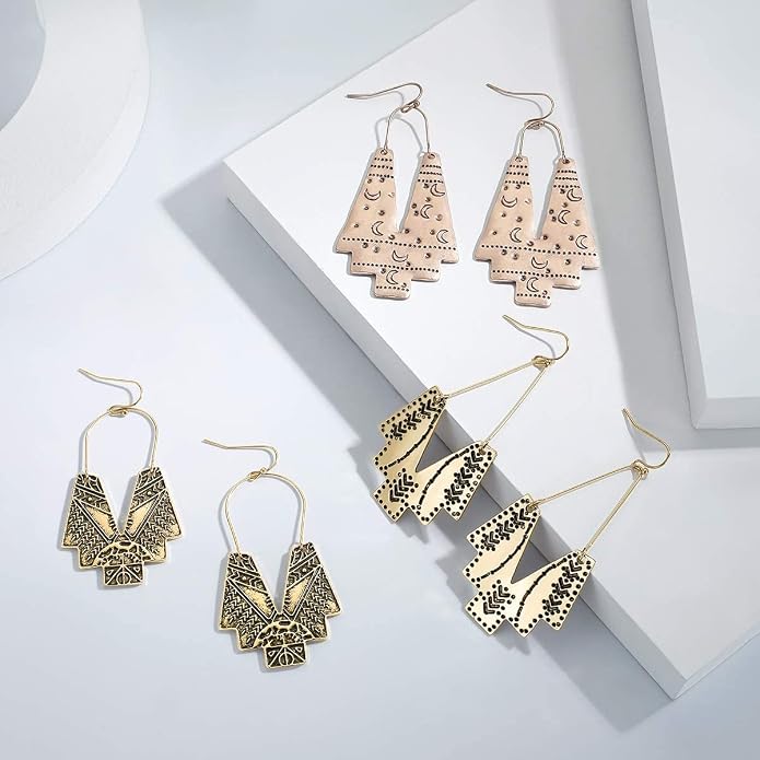 Zealmer Gold Geometric Earrings Statement Vintage Boho Ethnic Earrings Hollow Out Fan Shape Dangle Drop Earrings for Women Birthday Christmas Valentines Day Gift