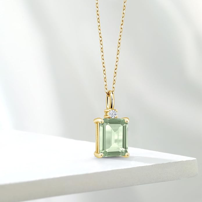 Gem Stone King 925 Sterling Silver Gemstone Birthstone Pendant Necklace for Women | Emerald Cut 10X8MM and Round 2MM | With 18 Inch Chain | Fine Jewelry for Her Mom Wife