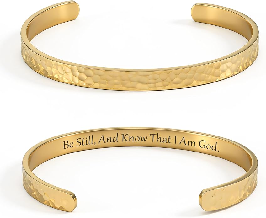 Inspirational Bible Verse Cuff Bracelet for Women, 18K Gold Plated Hammered Bangle, Christian Faith Jewelry Gift, Adjustable Non Tarnish