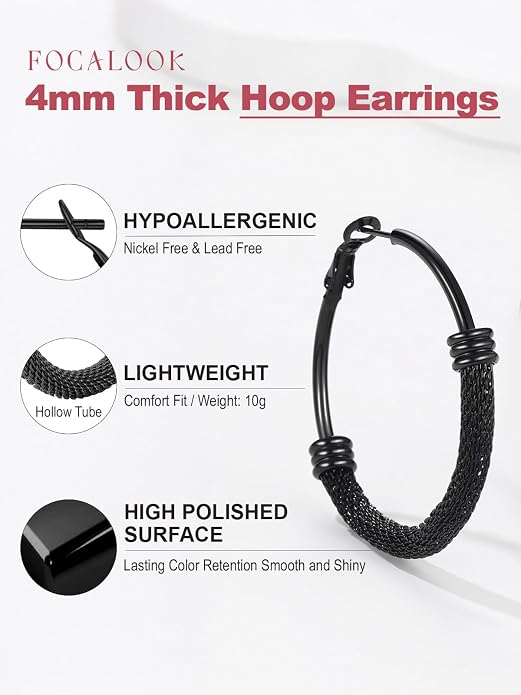 FOCALOOK 14K Gold Plated Hoop Earrings, Lightweight Hypoallergenic Large Stainless Steel Black Hoops Earrings for Women 20/30/40/50/60/70/80mm