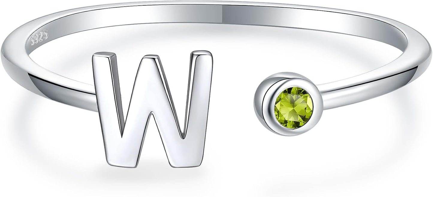 925 Sterling Silver Initial Letter Birthstone Rings for Women Adjustable 1-12 Month Birthstone Alphabet Stacking Ring for Teens Girls Stackable Birthstone Rings Birthday Jewelry Gift for Daughter Mom