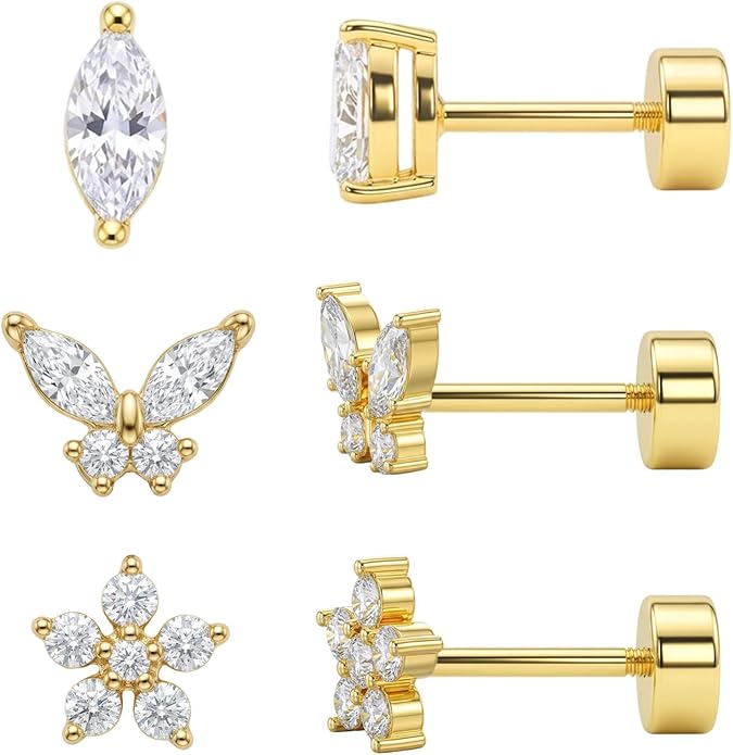 3 Pairs 20G Flat Back Earrings, G23 Titanium Hypoallergenic CZ Studs, 14K Gold Cartilage Helix Tragus Conch Piercing Jewelry for Women