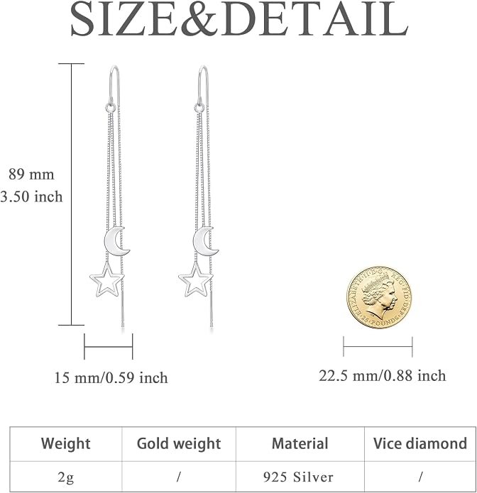 VONALA Moon Star Threader Earrings Sterling Silver Long Earrings for Women Hypoallergenic Tassel Chain Earrings for Teen Girls